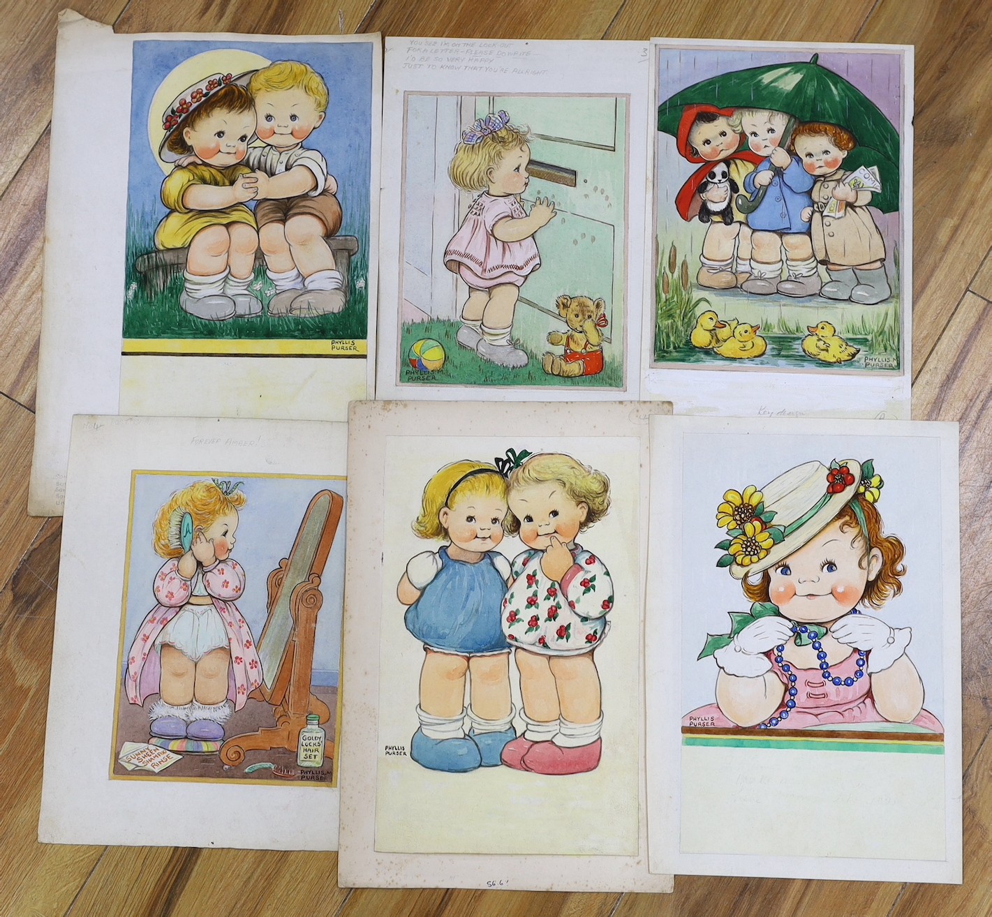 Phyllis Purser (1893-1990), six watercolours, humorous scenes, signed, unframed, largest 36 x 24.5cm
